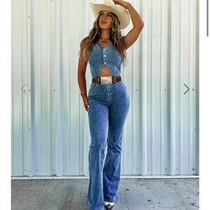 Stylish Blue Denim Vest and Flare Jeans Set
